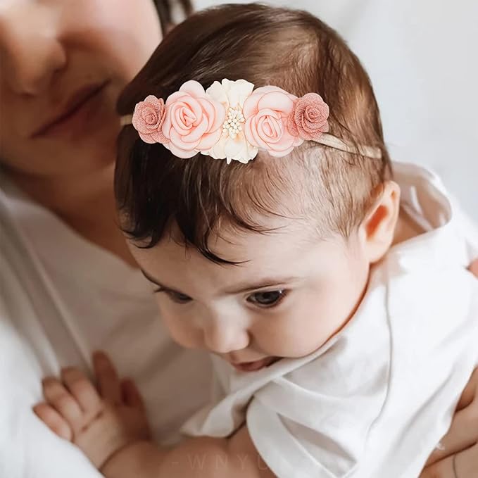 Baby Girl Flower Headbands Set, 3pcs Elastic Nylon Floral Hair Band, Bows Wrap for Infant Newborn Toddler