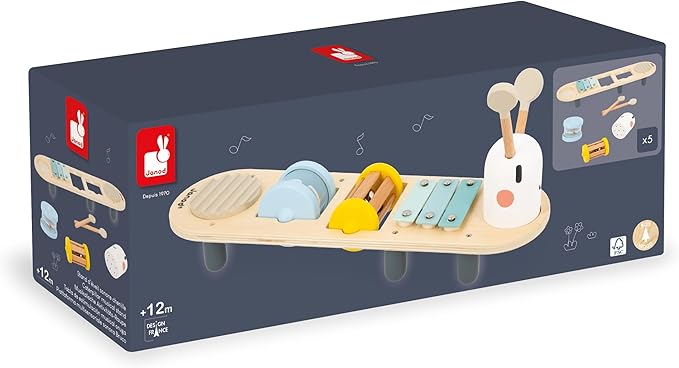 Janod - Sweet Cocoon Wooden Caterpillar Music Stand - Ages 12 Months to 3 Years - Early Music Education - Stimulates Auditory Senses - Engaging and Educational Toy - J04058