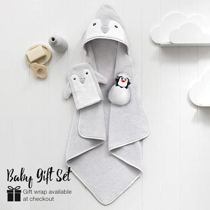 Happy & Sweet Baby Gift Set - Bamboo Viscose Hooded Penguin Bath Towel, Mitt Washcloth, and Squirt Bath Toy for Boys and Girls - Gray - Bonus eBook Included