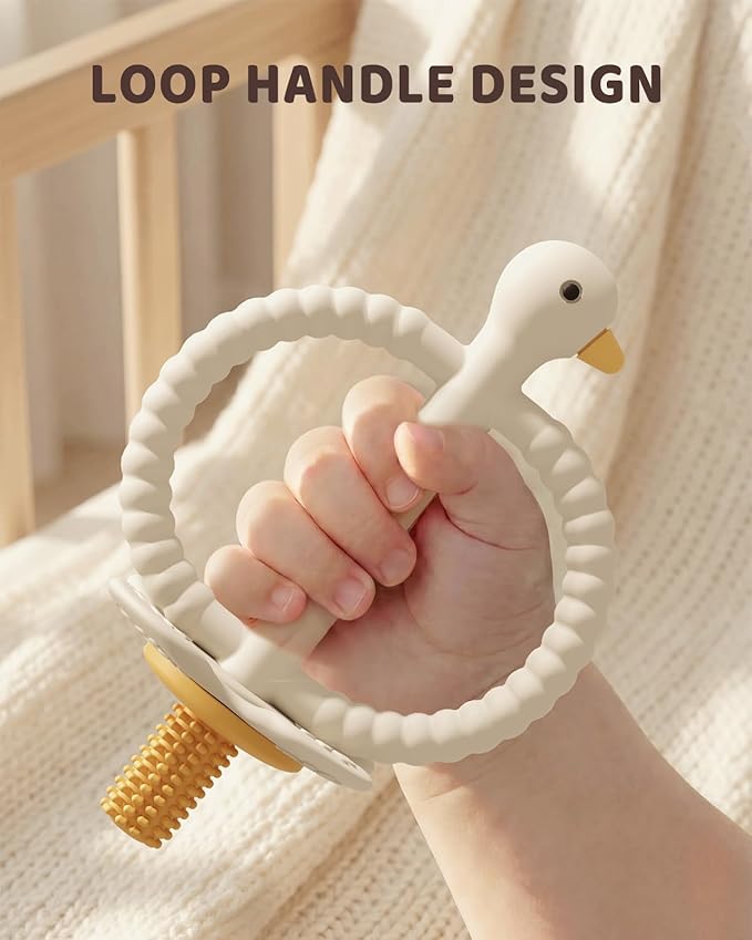 ChooKaChoo Baby Teether Toy and Training Toothbrush, Duck Silicone Teething Toys for Babies 3-12 Months, Double Ring Easy-Grip Design, Food-Grade BPA Free, Multi-Texture Relief for Gums & Molars