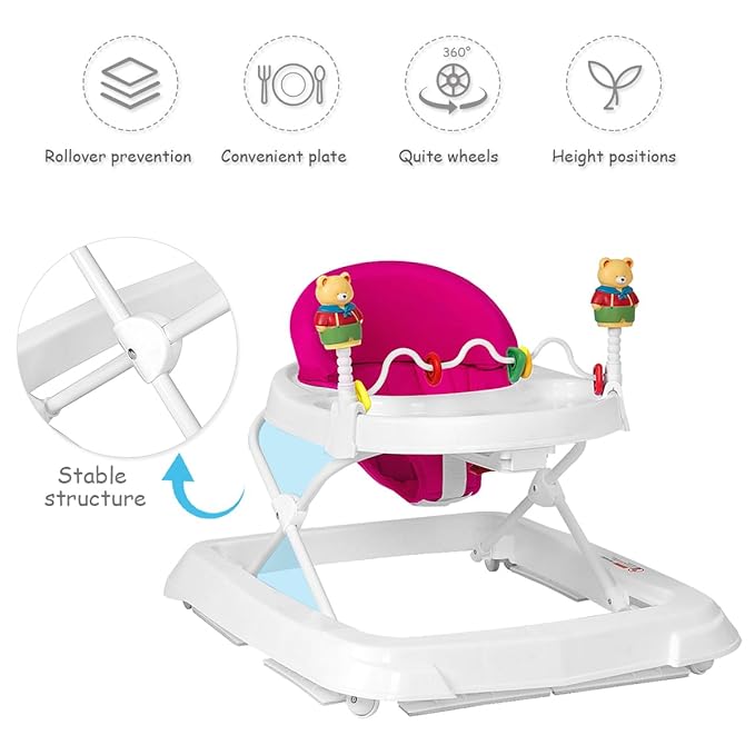 Baby Walker, Collapsible Baby Activity Walker with Walking Toys & 3-Levels Adjustable Height, Comfy High Back Seated Baby Walker with Wheels for Boys & Girls (Pink)