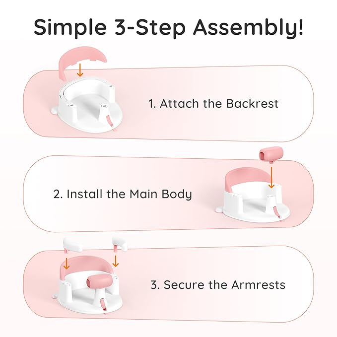 Baby Bath Seat Baby Bathtub - with Strong Suction Cups and 360° Surround Support – Easy Release, Non-Slip Cushion, Lockable Armrests – Infant Bath Chair for Babies 6-24 Months, Pink