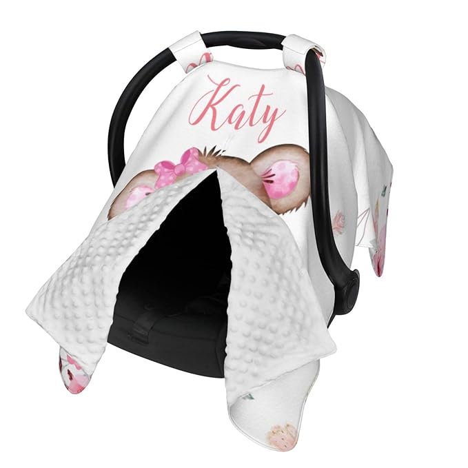 Personalized Baby Car Seat Canopy for Babies, Custom Name Car Seat Covers for Baby Girl, Cute Little Bear Opening Minky Nursing Breastfeeding Cover for Infant, Carseat Canopies for Newborn
