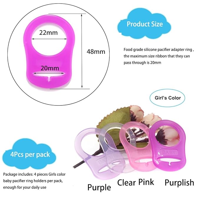 4Pcs Pacifier Adapter Rings Silicone Rings for Pacifier Clip Button Soother Dummy Pacifiers Holder Newborn Gift Safe for Baby (Girl's Color)
