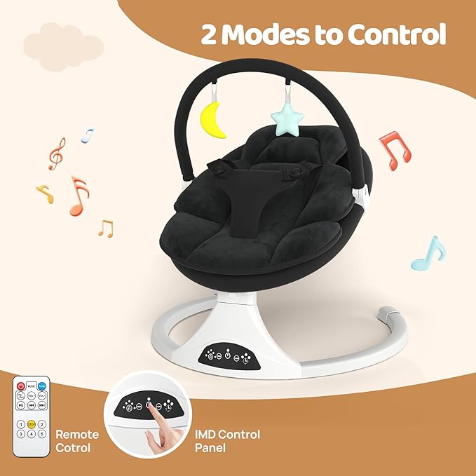 Electric Baby Swing with Remote Control - 5 Natural Motion Speeds, Detachable Seat Pad | Portable Infant Swing for Indoor/Outdoor Use (0-6M, 20lbs) (Black)