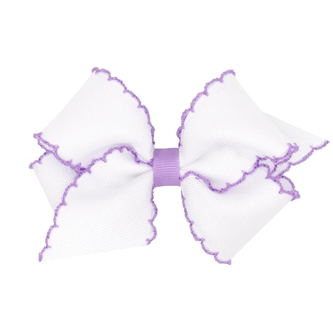 Wee Ones Girls' Classic Grosgrain Moonstitch Edge Hair Bow, No-Slip Hair Clip, Handmade, White with Light Orchid, Small