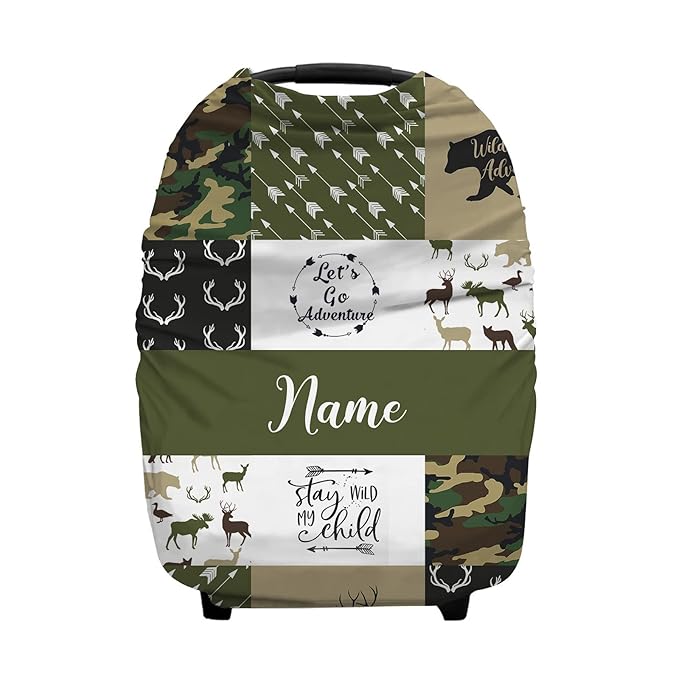 Personalized Woodland Deer Bear Baby Car Seat Covers with Name, Custom Army Green Theme Nursing Cover Breastfeeding for Babies, Carseat Canopy for Boys, Infant Stroller Cover, Breathable Carseat Cover