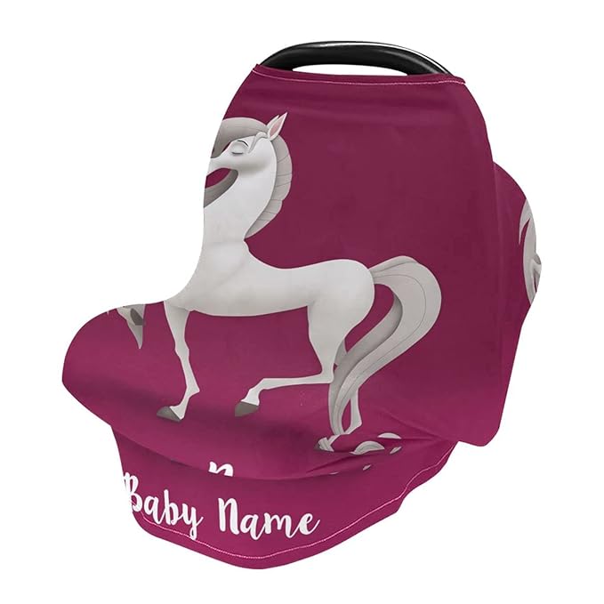 Personalized Baby Car Seat Cover for Babies, Custom Name Baby Car Seats Canopy for Boys Girls, Nursing Breastfeeding Stroller Covers for Infant Newborn, Shower Gift (Funny Horse)