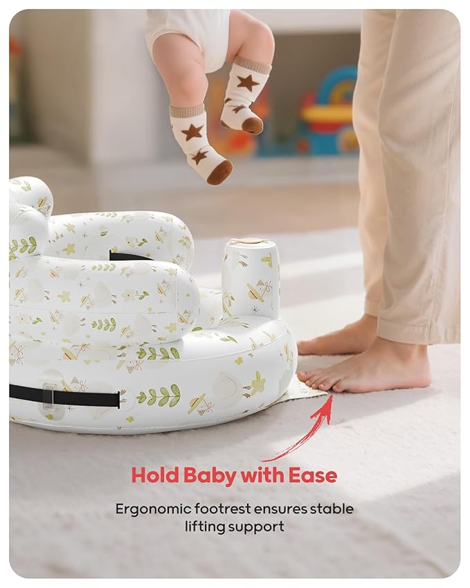 QPAU Inflatable Baby Seat with Safety Harness for Babies 3 Months & Up, Baby Floor Seats for Active Play, Blow Up Baby Chair with Built in Air Pump (Flowers)