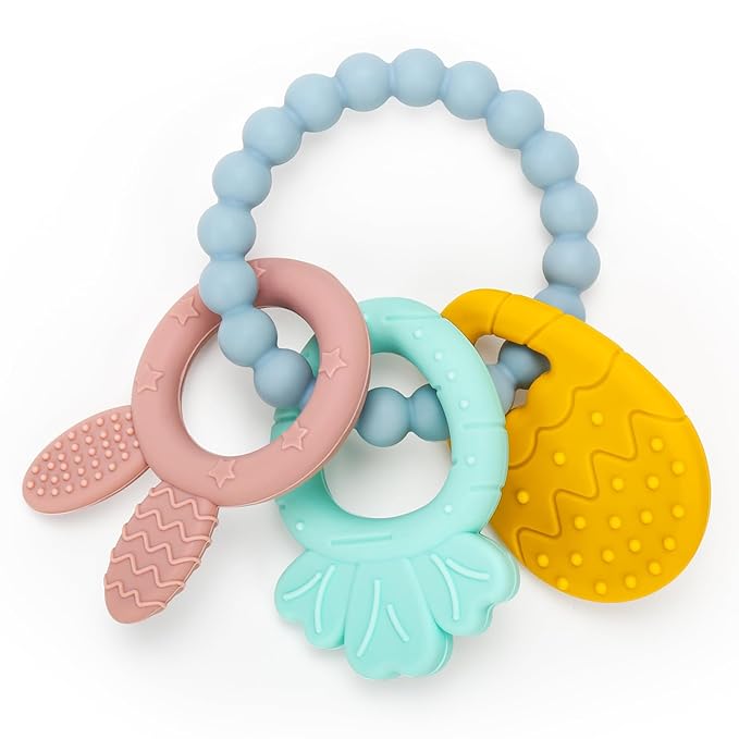 Easter Silicone Teething Toys, 3 Months+, Infant Baby Easter Basket Stuffers for Babies, Baby's Easter Egg Rabbit Carrot Teether Toy, Easter Gift for Girl or Boy (Blue)