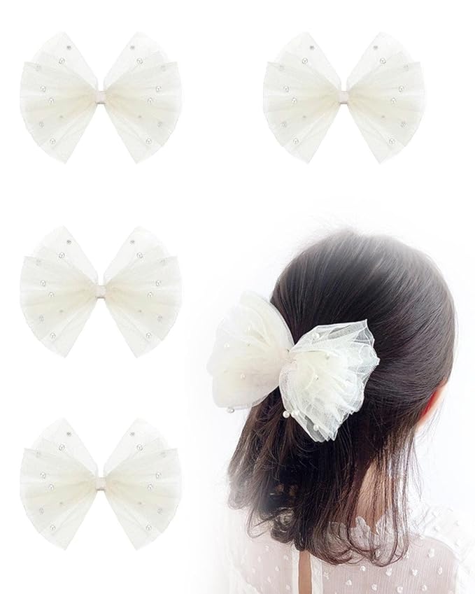 4PCS Ivory Tulle Hair Bows for Toddler Girls Cute Pearls Hair Clips Sweet Flower Girl Hair Accessories for First Communion Party Daily Wearing