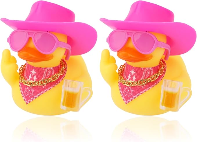 2pcs Funny Rubber Ducks for Dashboard, Cute Car Rubber Cool Duck Ornament with Mini Glasses Hat Scarf Accessories Decor for Home Office Refrigerator Decoration (Pink)