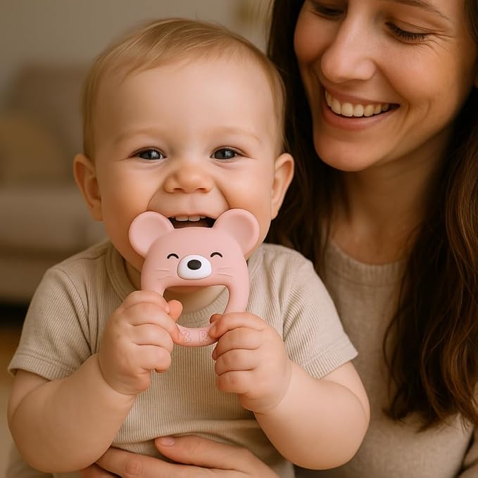 Baby Teether, Safe Chew Toy for Infants, Soothing Relief for Teething Pain, Cute Animal Shape, Easy Grip for Tiny Hands (Pink Mouse)