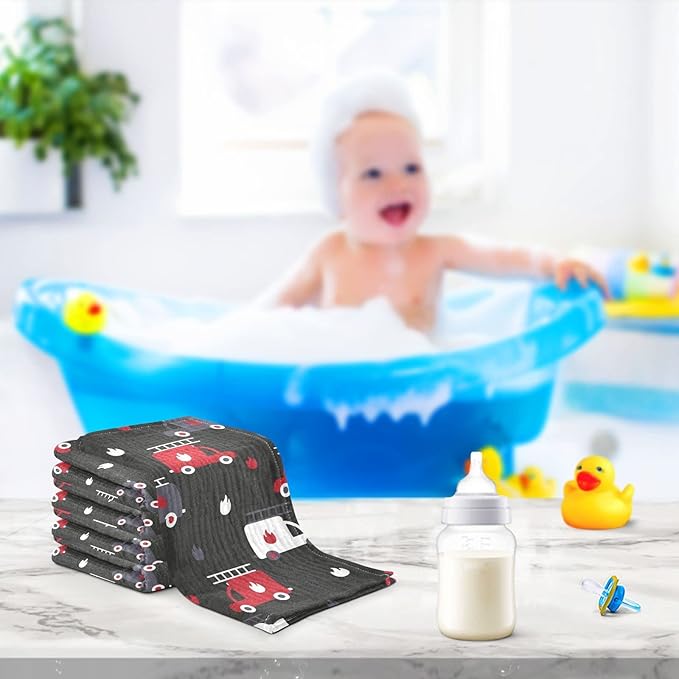 vvfelixl Baby Muslin Washcloths, Firefighters Fire Trucks Baby Burp Cloths, Cotton Baby Face Towel for Newborn Infants Boys Girls Soft and Absorbent 11.8 X 11.8 in, 3 Pack Black