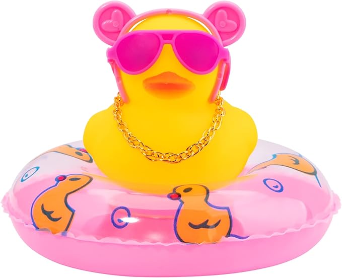 wonuu Car Duck Rubber Duck Car Ornaments Duck Car Dashboard Decorations with Cute Headband Swim Ring Necklace Sunglasses, B-Pink O Bunny Headband