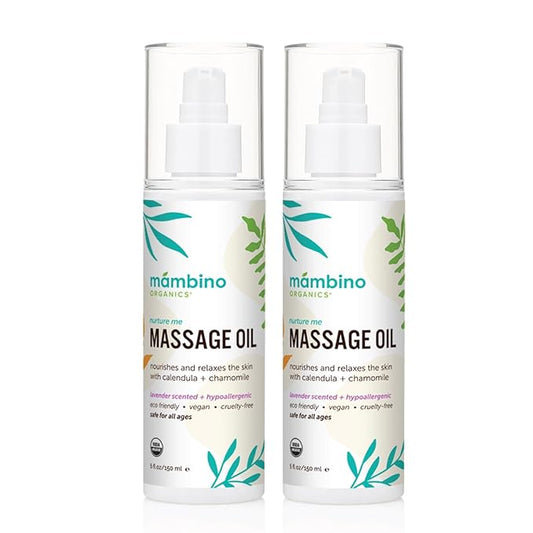 Mambino Organics Massage Baby Oil – Organic, Nourishing with Egyptian Calendula, Chamomile & Lavender – Gentle for After-Bath Relaxing – Cruelty-Free Baby Oils for Baby & Kids, 2-Pack 5 fl oz