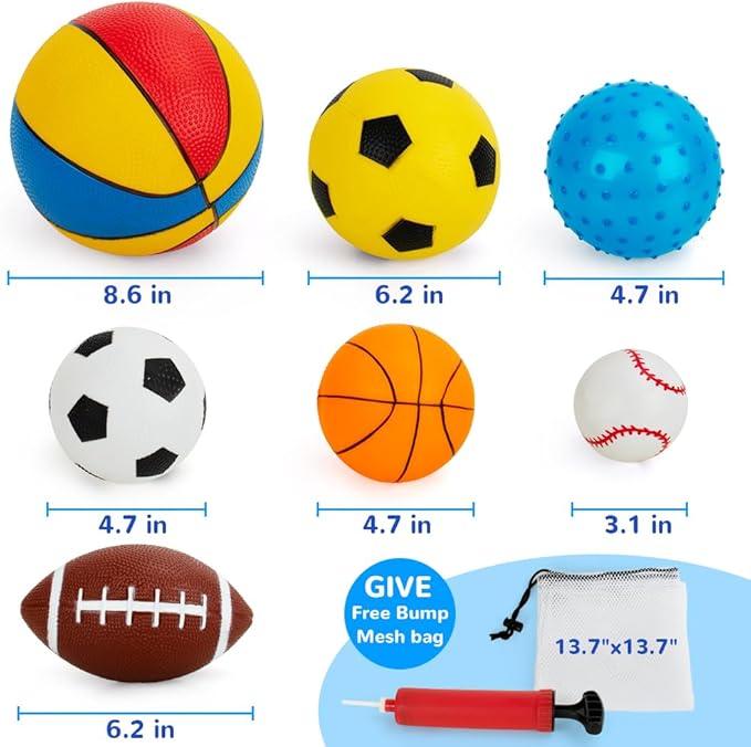 Balls for Toddlers 1-3,Toddler Sports Toys,Set of 7 Kids Ball Soft Foam Baby Sports Balls- Soccer Ball Basketball Baseball Rugby Bounce Ball Playground Indoor Outdoor Toys Gifts,with Free Bump/Bag