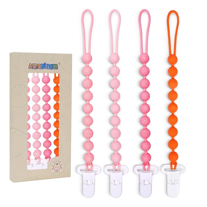 4 Pcs Pink Baby Silicone Teething Pacifier Clip,One-piece Design,Round Shape,Textured Surface,BPA Free.
