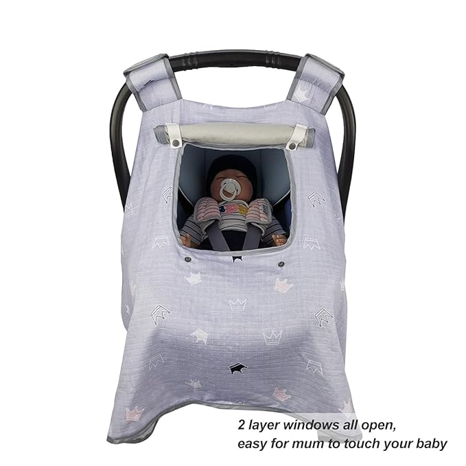 ICOPUCA Car seat Covers for Babies, kick-Proof carseat Cover boy Girls, carseat Canopy with Window, Light Weight Muslin, fit Summer/Autumn/Spring, Neutral, Grey Crown;
