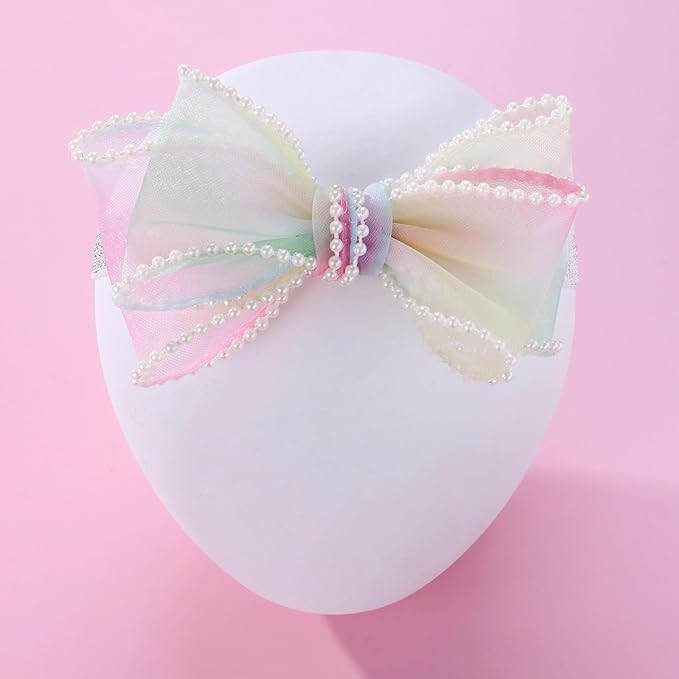 Bow Lace Headband for Baby Girls, Cute Bow Knot Hairband Pearl Elastic Headwrap for Newborn Infant Toddlers (Rainbow)