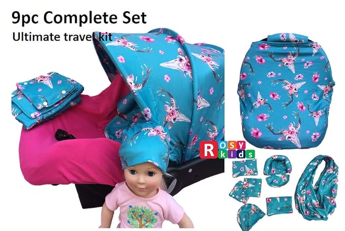 9pc Baby Boy Baby Girl Ultimate Set of Infant Car Seat Cover Canopy Headrest Blanket Hat Nursing Scarf, 21DR01
