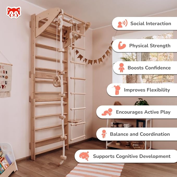 Woodandhearts Swedish Ladder for Kids with Rope Accessories - Indoor Jungle Gym, Indoor Jungle Gym for Kids Ages 3-16, Indoor Climbing Gym (Swedish Ladder of 3 Parts (Natural Wood Color))
