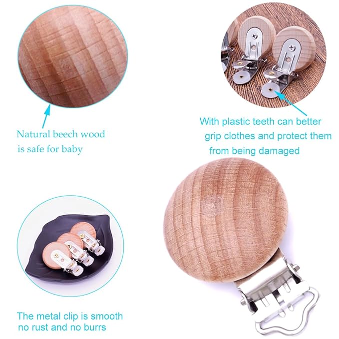 Natural Beech Wood Round Pacifier Clips Silicone Pacifier Holder Suspender Clips Sutoyuen Wood Pacifier Clip Holder Charm for DIY Babies Dummy Chain Accessories 30 Pieces (Without Hole)