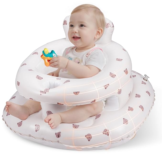 Inflatable Baby Seat for Babies 3–36 Months, Aloxina Sit Me Up Floor Chair with Built-in Air Pump, Extra-Wide Base & Anti-Tip Support, Infant Chair for Sitting & Feeding – Bear