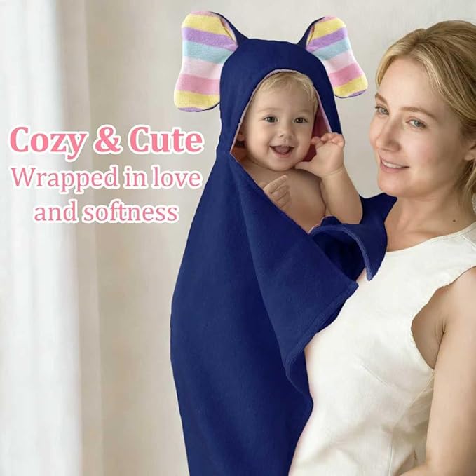 VOOVA & MOVAS Navy Baby Bath Towel with Cute Elephant Ears Hood – Super Absorbent, 100% Cotton, 420GSM – 33" x 31.5", Pink – Thick Towel for 0–18 Months – Newborn, Toddler, Infant, Baby Essentials