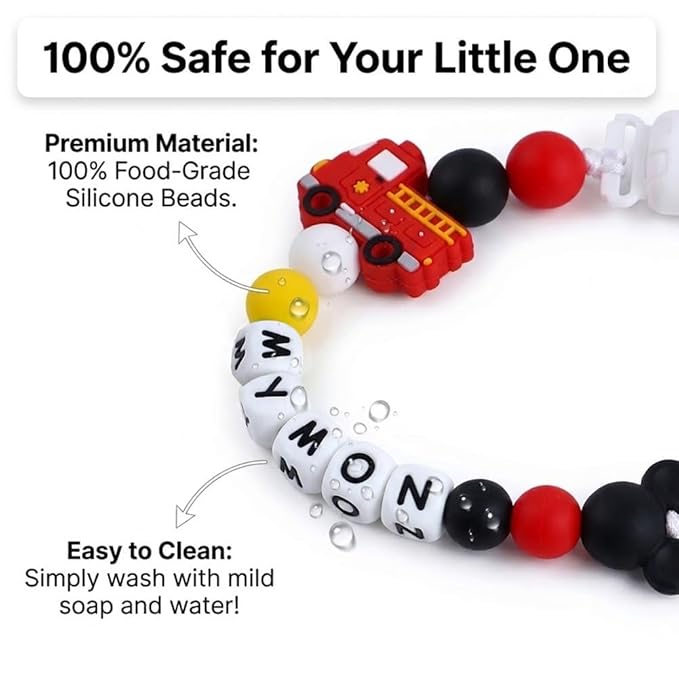 Pacifiers Clips Personalize Name Car Truck Design Pacifier Clips Holder, Custom Pacifier Chain with Name for Baby Boy