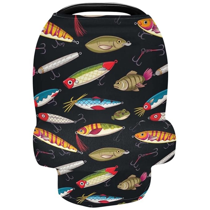 Colorful Fishing Lures Baby Car Seat Covers Colorful Fish Carseat Canopy Soft Infant Stroller Cover Nursing Breastfeeding Covers for Girls Boys Newborn Fit Summer Spring Autumn