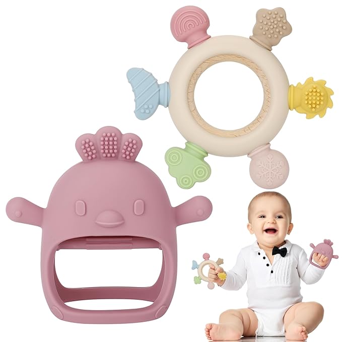 Socub 2 Pack Baby Teething Toys for Babies 0-6 Months, Silicone Teething Mitten and Wooden Ring Toy for Babies 6-12 Months, No Drop Teether Mitten and Ring Teether for Teething Relief(Dark Pink)