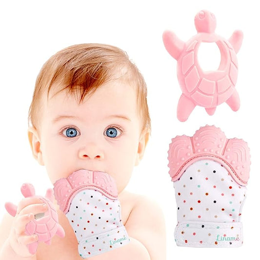 Liname 2 Pack Teething Mitten with Soothing Toy - Baby Chew Toy and Teething Glove- Infant Teething Mitten Crinkle Sound and Textured Silicone to Soothe Sore and Swollen Gums