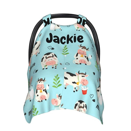 Custom Baby Car Seat Canopy for Babies with Name, Personalized Cute Cow Baby Car Seats Covers for Boys, Opening Minky Nursing Breastfeeding Stroller Cover Infant Carseat Canopies for Newborn