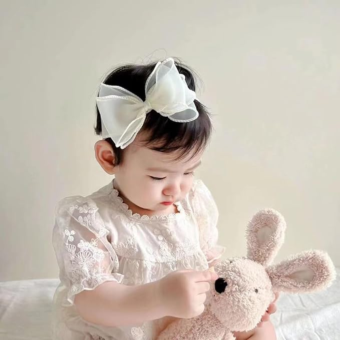 Cute Lace Bow Baby Girls Headbands White Knot Headband Soft Chiffon Hair Band for Newborn Infant Toddler Kids Hair Accessories (Beige A)