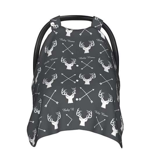 Personalized Deer and Arrow Baby Car Seat Canopy for Babies with Name, Custom Car Seat Covers Boys Girls, Peekaboo Opening Minky Nursing Breastfeeding Cover Infant Car Seat Canopies for Newborn