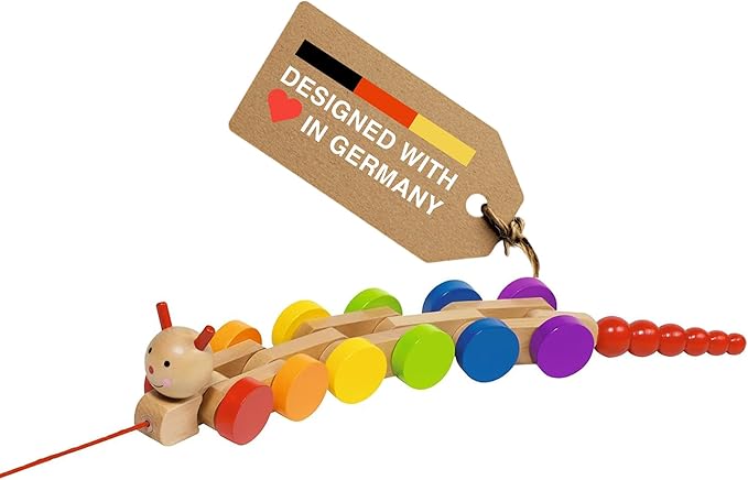 Goki Wooden Pull Toy Caterpillar NILA Montessori Toys for 1 Year Old I Baby Walking & Toddler Along String - Eco Friendly Wood Motor Skills Development I 1st Birthday Gifts - German Quality & Design