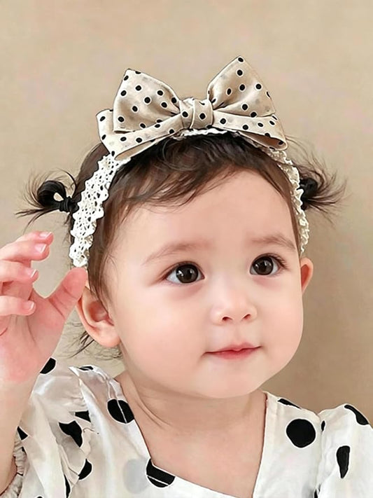 Baby Girls Hairbands Bow Lace Headband Handmade Soft Stretchy Pink Bowknot Hairbands Newborn Hairband with Bows Elastic Hair Bands for Kids Infant(Black and Ehite Polka Dot Bow
