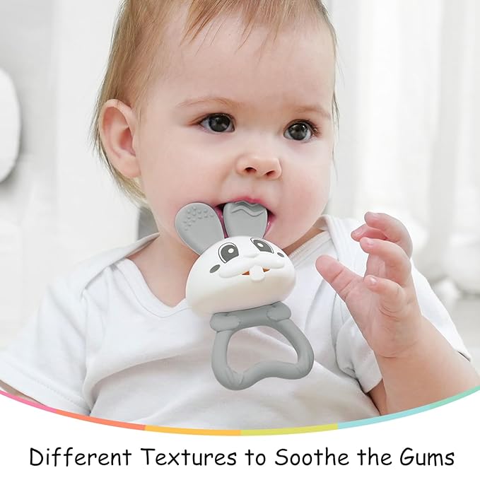 Mombella Baby Teething Toys 3–6 Months with Rattle, Bunny Easter Basket Stuffers for Babies 6–12 Months, Baby's First Toy with Anti Drop Strap, Teething Relief Baby Chew Toys, Easter Gifts, Grey