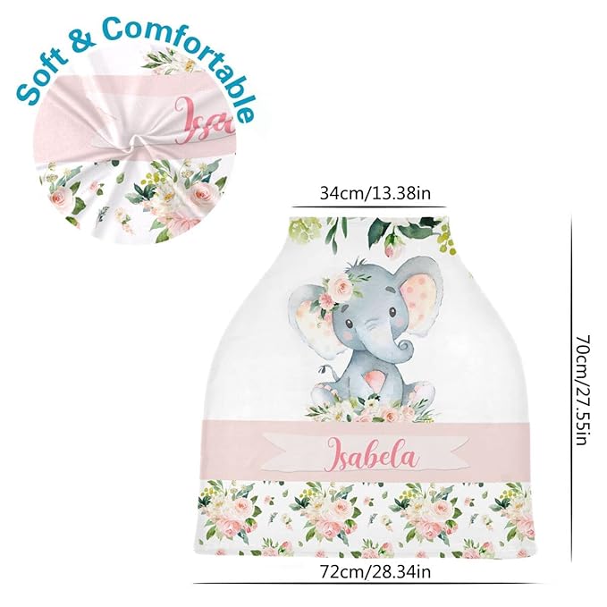 Personalized Baby Car Seat Cover for Girls, Custom Nursing Covers for Breastfeeding with Name, Infant Stroller Cover, Baby Carseat Canopy for Newborn, Multiuse Car Seat Canopies, Floral Elephant