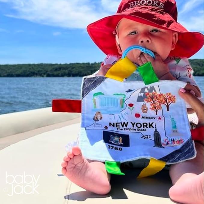 Baby Jack & Co 8x8” Learning Lovey New York State Tag Stroller Toy for Babies - Crinkle Toys for Developing Five Senses - Learn About Capitals - Travel with Baby Jack - BPA Free Clip