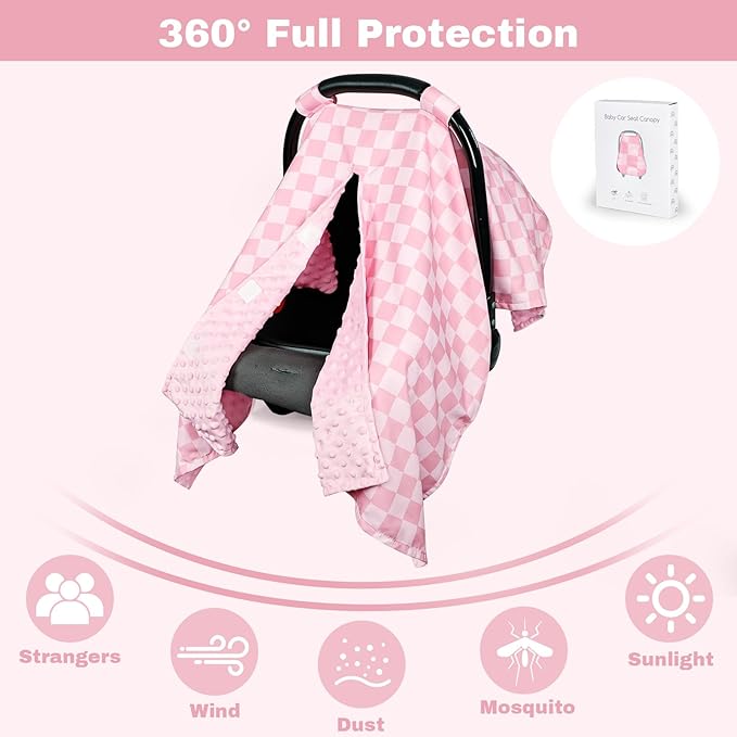 Baby Car Seat Cover, Minky Carseat Cover Baby Girl, Peekaboo Opening Infant Car Seat Cover, Warm Baby Car Seat Canopy for Winter, Pink Checkered