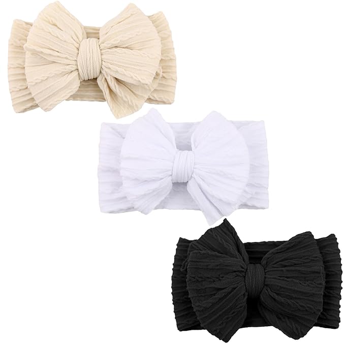 DRESHOW BQUBO Handmade Baby Headbands Soft & Stretchy Hair Bands with Bows Nylon Bows Hairbands for Girls Newborn Infant Toddlers Hair Accessories 3 pack