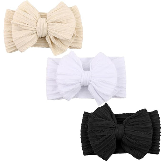 DRESHOW BQUBO Handmade Baby Headbands Soft & Stretchy Hair Bands with Bows Nylon Bows Hairbands for Girls Newborn Infant Toddlers Hair Accessories 3 pack