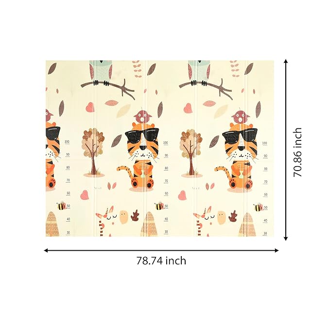 Baby Crawling Mat, Double Sided Soft Play Mat for Floor Exercise, Baby Play Mat with Animal Print Design, Non-Slip, 78 x 70 x 0.4 Inches, Gray (Tiger)