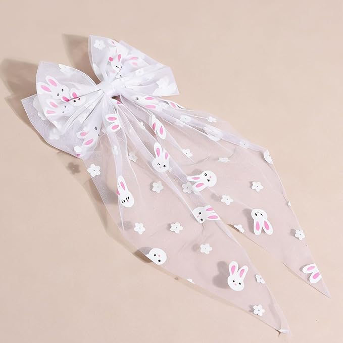 Easter Bunny Hair Bow for Women Girls Toddlers - 13 Inch Large White Tulle Bow Hair Clip with Cute Bunny Pattern, Spring Easter Hair Accessories Rabbit Hairpins for Easter Outfits, Birthday Gifts