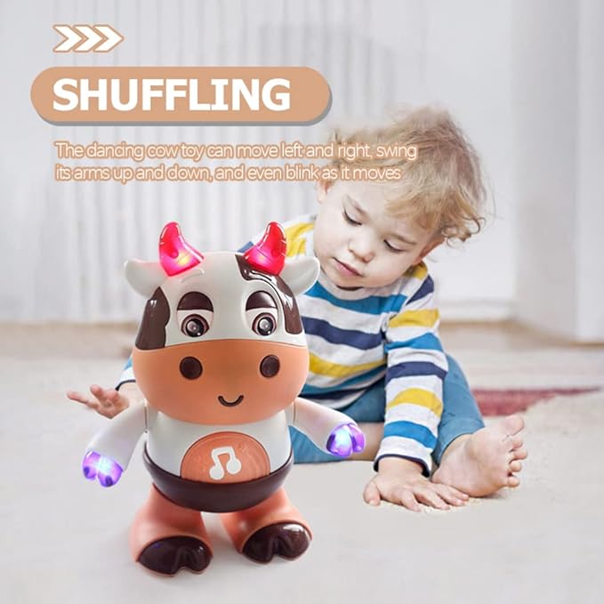 Electric Dancing Cow Light up Musical Cow Plastic Dancing Toys Baby Animal Sounds Toys Toddler Sensory Educational Interactive Swinging Calf 3 AA Battery Operated, Age 3+
