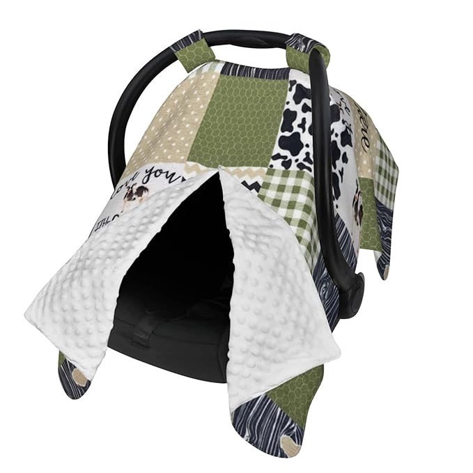 Personalized Cow Plaid Baby Infant Car Seats Canopy for Babies with Name, Custom Multi-use Blankets for Baby Boys Girls, Peekaboo Minky Nursing Breastfeeding Stroller Cover Canopies for Newborn