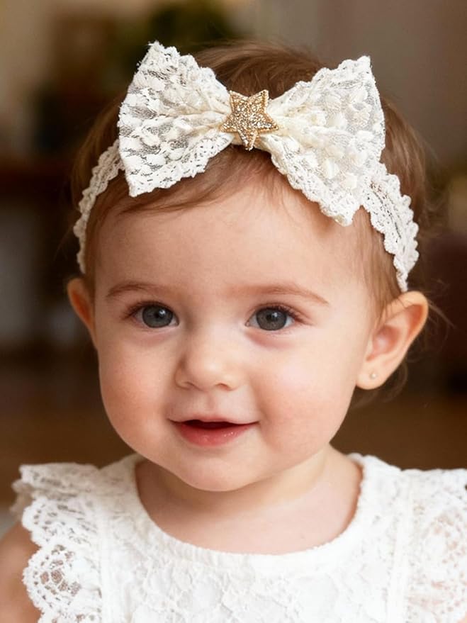 Handmade Baby Girl Headbands in Beige Baby Bows and Floral Lace Headband Bows for Newborns and Toddlers Cute Baby Girl Bows and Newborn Headband Bows