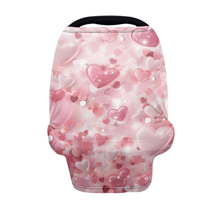 Pink Love Heart Print Stylish Infant Babies Nursing Cover Valentine's Day Theme Stretchy Car Seat Canopy for Shopping Cart/High Chair/Stroller Covers